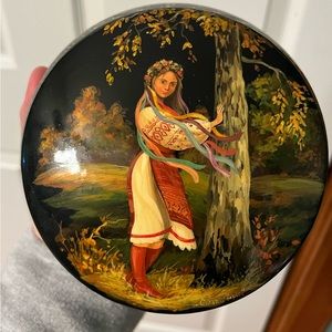 Authentic signed Ukrainian hand painted round wood jewelry box